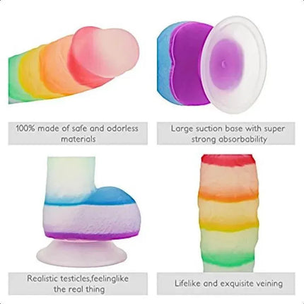 REALISTIC 7 INCH JELLY RAINBOW DILDO WITH SUCTION CUP AND BALLS