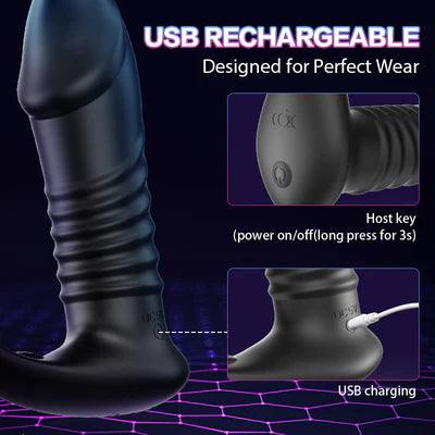 Low-Noise 10 Thrusting Vibrating Double Cock Rings Silicone Prostate Massager