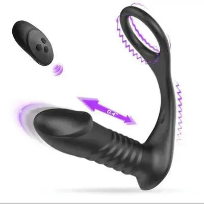 Low-Noise 10 Thrusting Vibrating Double Cock Rings Silicone Prostate Massager