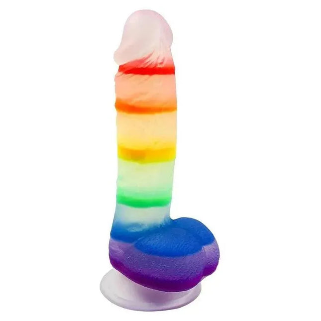 REALISTIC 7 INCH JELLY RAINBOW DILDO WITH SUCTION CUP AND BALLS - SIKXTOA