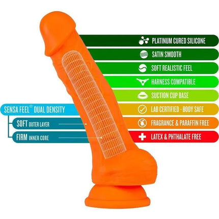 NEO ELITE 7.5 INCH DUAL DENSITY REALISTIC SILICONE DILDO WITH BALLS BY BLUSH - NEON ORANGE