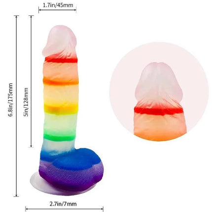 REALISTIC 7 INCH JELLY RAINBOW DILDO WITH SUCTION CUP AND BALLS