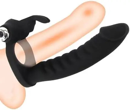 Dual Penetration Vibrating Dildo Vibrator Penis Cock Ring Sleeve Strap On Silicone Butt Plug Strapon Enhancer 7 Speed Women Pleasure Adult Sex Toys For Male (Black)