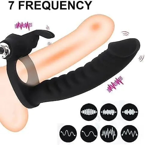 Dual Penetration Vibrating Dildo Vibrator Penis Cock Ring Sleeve Strap On Silicone Butt Plug Strapon Enhancer 7 Speed Women Pleasure Adult Sex Toys For Male (Black)