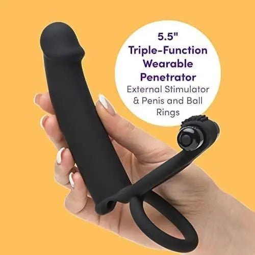 Double Fun Vibrating Double Penetration Strap On Dildo – 5.5 Inch Silicone Strap On Dildo For Men – 2 Bullet Vibrators & Cock And Ball Rings – Waterproof – Black