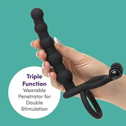 Double Fun Beaded Vibrating Double Penetration Strap On Dildo – 6 Inch Silicone Strap On Dildo For Men – Includes Bullet Vibrator & Cock And Ball Rings – Waterproof – Black