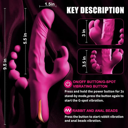 Waterproof Rabbit Vibrator Anal Dildo with 10 Vibrational Patterns Rechargeable Clitoral Stimulator.