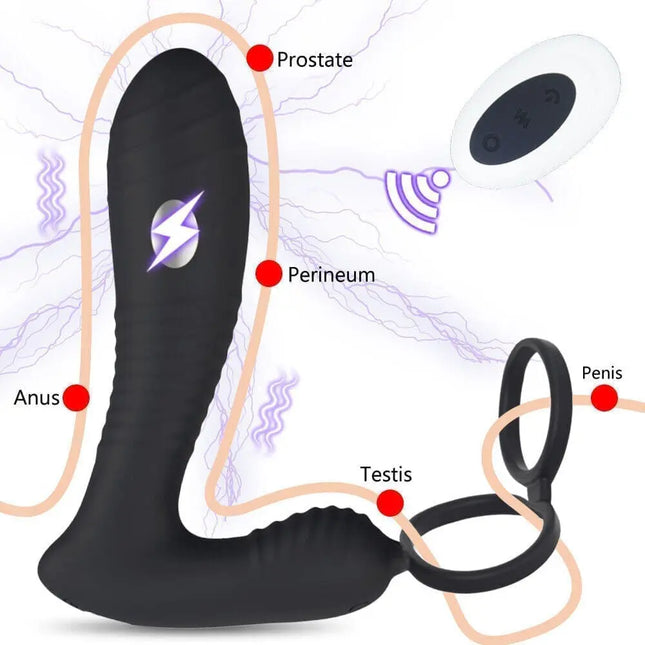 Wireless Remote Control Electric Shock Prostate Massager With Double Penis Ring