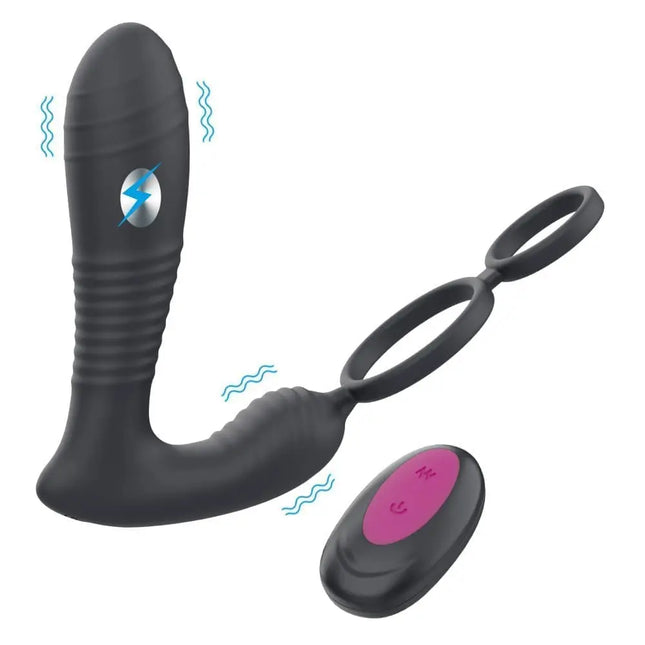 Wireless Remote Control Electric Shock Prostate Massager With Double Penis Ring