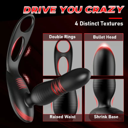 Low Noise 10 Thrusting Vibrating Double Cock Rings Silicone Prostate Massager