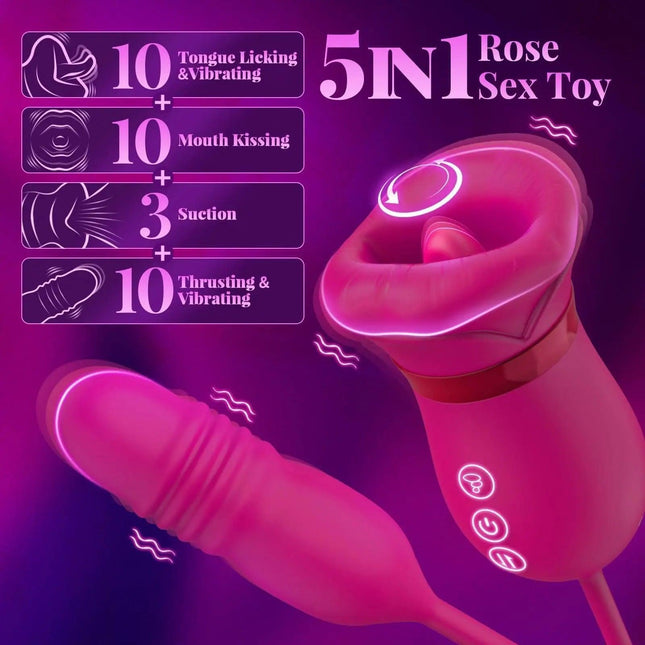 2024 Big Mouth Rose Tongue Vibrator With Thrusting Dildo