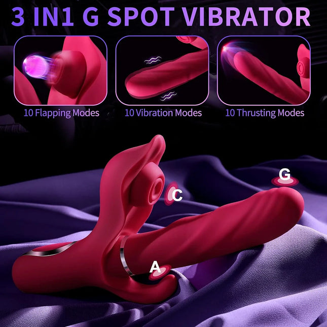 10 Thrusting & 10 Flapping & 10 Vibration 3-in-1 Thrusting Dildo Rabbit Vibrator