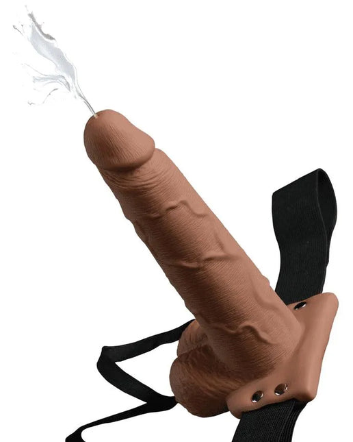 Fetish Fantasy Hollow Squirting Dildo (7.5 Inch) w/Balls & Strap-on Harness - Caramel