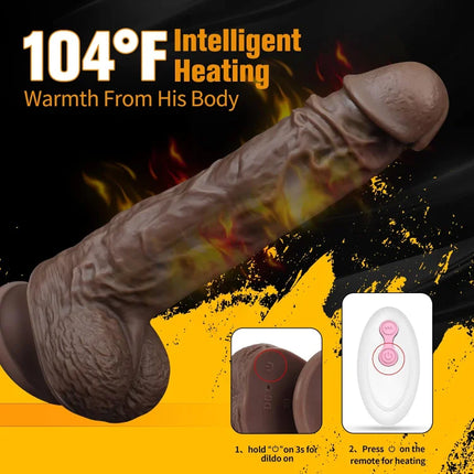 Realistic Black Telescopic Rotating and Heating Penis for Anal Clitoral G Spot Stimulation Big Silicone Vibrator Dildo