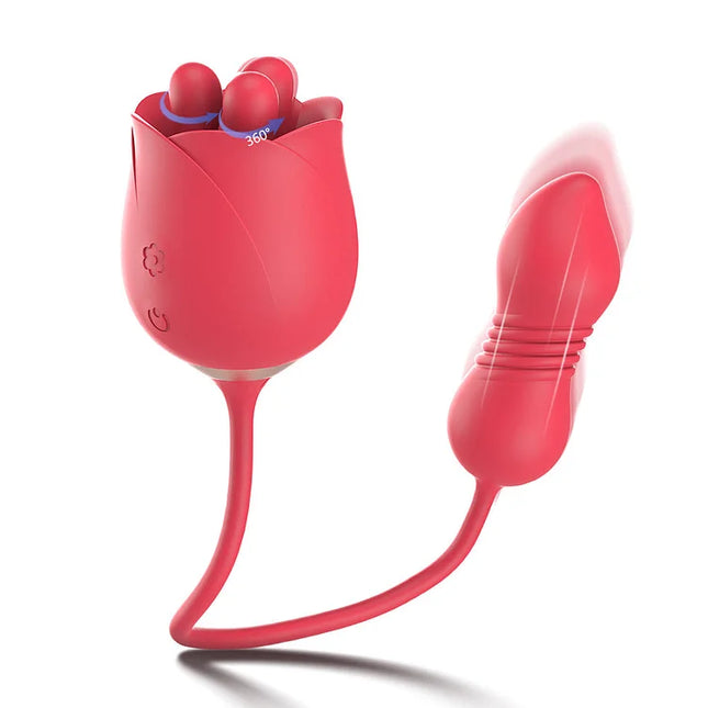 2 IN 1 Rotating & Thrusting Pulsing Rose Vagina Vibrator Nipple Massager