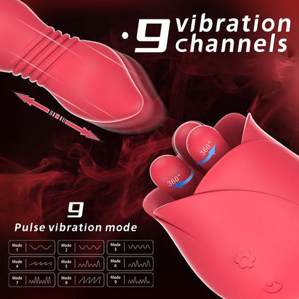 2 IN 1 Rotating & Thrusting Pulsing Rose Vagina Vibrator Nipple Massager