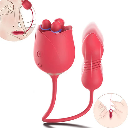 2 IN 1 Rotating & Thrusting Pulsing Rose Vagina Vibrator Nipple Massager